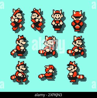 Dezember 2020: Set von Mario Cat Moves, Kunst des klassischen Videospiels Super Mario Bros 3, Pixel Design Vektor Illustration. Super Mario Bros 3 ist ein pla Stock Vektor