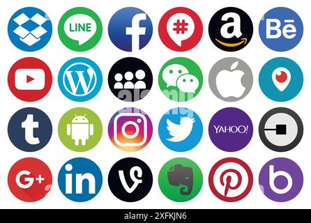 26. August 2017: Verschiedene Kreise populäre soziale Medien und andere Ikonen: LinkedIn, Blogger, Instagram, Amazon, Whatsapp, eBay und andere Stock Vektor