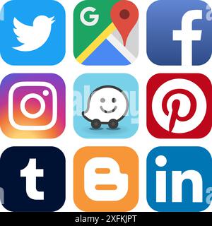 Februar 2020: Set populärer sozialer Medien und anderer Symbole: Facebook, Twitter, Instagram, Google Maps, Pinterest, Tumblr, Blogger, LinkedIn, Waze Stock Vektor