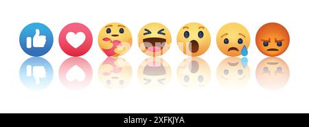1. Oktober 2020: Set von Facebook empathischen Emoji Smiley Reaktionen mit Reflexion, Vektor-Illustration Stock Vektor