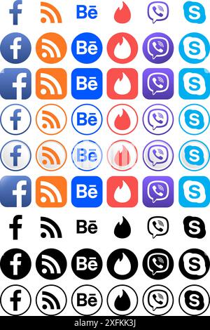 Kiew, Ukraine - 10. März 2021: Beliebte soziale Medien und andere Symbole in verschiedenen Formen, wie: Facebook, Share, Behance, Tinder, Viber, Skype Stock Vektor