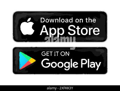 Kiew, Ukraine - 10. Februar 2021: Schwarz im App Store herunterladen und auf Google Play Button Symbole Set, Aquarelldesign Vektor Illustration Stock Vektor