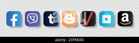 9. November 2020: Set beliebter Social Media- und Mobile Apps-Symbole in Papierform: Facebook, Viber, Tumblr, Blogger, Verizon, AppStore und Amaz Stock Vektor