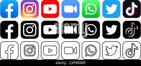 Kiew, Ukraine - 11. März 2021: Beliebte Social-Media-Symbole in Original-, Schwarz- und Linienform, wie Facebook, Instagram, Youtube, Zoom, WhatsApp, T Stock Vektor