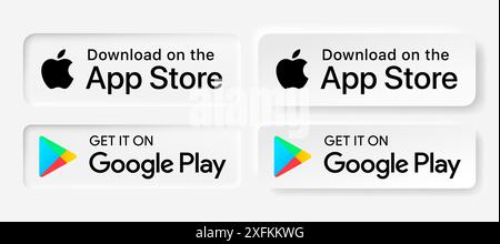 Kiew, Ukraine - 10. Februar 2021: Download im App Store und hol es dir auf Google Play Button Symbole gesetzt, realistische und Papier geschnittene Designs Vektorillust Stock Vektor