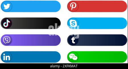 Kiew, Ukraine - 15. März 2021: Aufkleber mit beliebten Social-Media-Symbolen in verschiedenen Formen, wie Facebook, Pinterest, TikTok, Skype, Viber, Tum Stock Vektor
