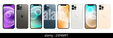 Kiew, Ukraine - 11. März 2021: Set von Smartphones - Apple iPhone 12. Das iPhone ist eine Reihe von Smartphones, die von Apple Inc. Entwickelt und vermarktet werden Vektor Stock Vektor