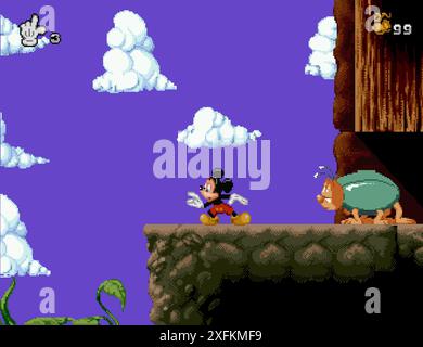 Kiew, Ukraine - 23. März 2021: Art of Mickey Mania klassisches Videospiel, Pixel Design Vektor Illustration. Mickey Mania ist eine Plattform-Videospiel-Entwicklung Stock Vektor