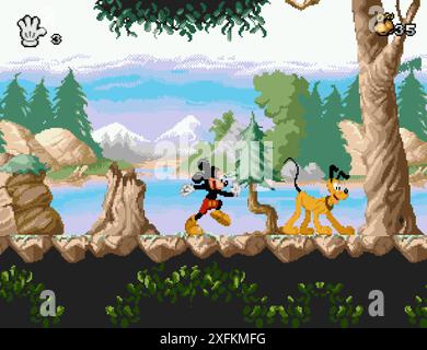 Kiew, Ukraine - 23. März 2021: Art of Mickey Mania klassisches Videospiel, Pixel Design Vektor Illustration. Mickey Mania ist eine Plattform-Videospiel-Entwicklung Stock Vektor