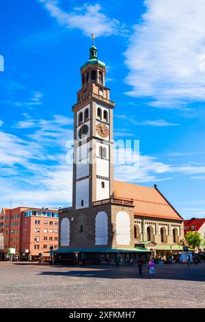 Der Perlachturm Turm ist ein Glockenturm vor der Kirche St. Peter am Perlach. Augsburg ist eine Stadt in Schwaben, Bayern. Stockfoto