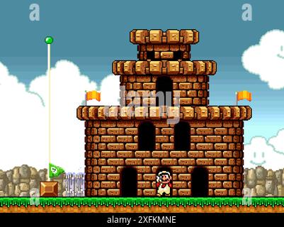 Kiew, Ukraine - 9. September 2021: Mario am Ende des Levels, Kunst des 16-Bit Super Mario Bros klassischen Videospiels, Pixel Design Vektor Illustration. Su Stock Vektor