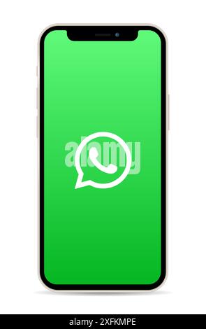 Kiew, Ukraine - 11. März 2021: Smartphone Apple iPhone 12 mit WhatsApp App-Logo auf dem Bildschirm, realistische Vektorillustration Stock Vektor