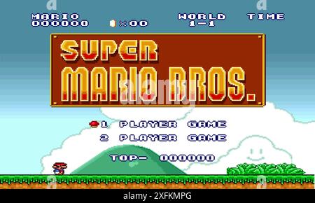 Kiew, Ukraine - 09. September 2021: Splash Screen des 16-Bit Super Mario Bros klassischen Videospiels, Pixel Design Vektor Illustration. Super Mario Bros Stock Vektor