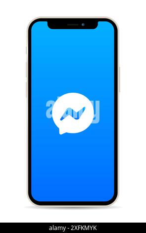 Kiew, Ukraine - 11. März 2021: Smartphone Apple iPhone 12 mit Messenger App Logo auf dem Bildschirm, realistische Vektorillustration Stock Vektor