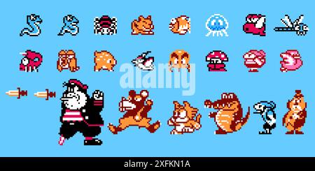 Kiew, Ukraine - 21. Januar 2021: Set von Feinden Charaktere aus dem 8-Bit Mickey Mousecapade klassischen Videospiel, Pixel Design Vektor Illustration. Mickey Stock Vektor