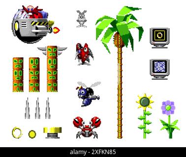 Kiew, Ukraine - 30. Mai 2022: Elemente Set des klassischen 16-Bit-Videospiels Sonic der Igel, Pixel Design Vektor Illustration. Sonic der Igel ist ein Stock Vektor