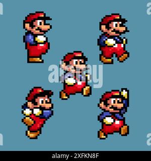 Kiew, Ukraine - 9. September 2021: Set der großen Mario Moves, Kunst des 16-Bit Super Mario Bros klassischen Videospiels, Pixel Design Vektor Illustration. Super Stock Vektor