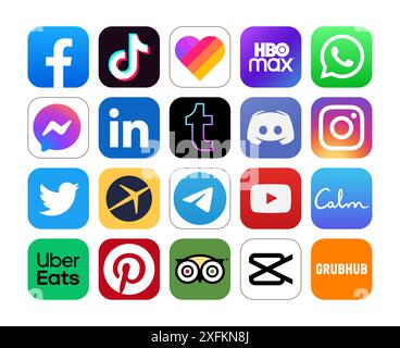 Kiew, Ukraine - 28. September 2022: Set von populären sozialen Medien und anderen Ikonen: Facebook, TikTok, Likee, WhatsApp und andere, Vektorillustration Stock Vektor