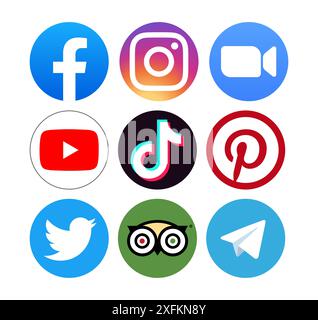 Kiew, Ukraine - 28. September 2022: Set aus verschiedenen Runden populären sozialen Medien und anderen Ikonen: Facebook, Instagram, Zoom, Youtube und andere, Vektor Stock Vektor