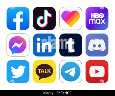 Kiew, Ukraine - 28. September 2022: Set von populären sozialen Medien und anderen Ikonen: Facebook, TikTok, Likee, HBO Max und andere, Vektorillustration Stock Vektor