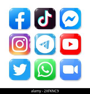 Kiew, Ukraine - 28. September 2022: Set populärer Social Media und Mobile Apps Icons in realistischem Volumendesign: Facebook, Zoom, Messenger, Twitter A Stock Vektor