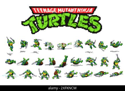 Kiew, Ukraine - 5. Juni 2022: Set 2 der Figur Leonardo bewegt sich von Teenage Mutant Ninja Turtles Shredders Revenge Modern Videospiel in 16-Bit Clas Stock Vektor