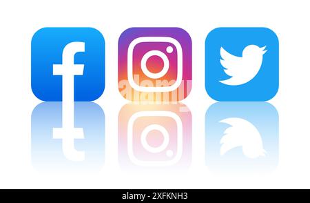 Kiew, Ukraine - 28. September 2022: Facebook, Instagram und Twitter Mobile Apps Icons mit Reflexion, Vektorillustration Stock Vektor