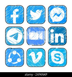 Kiew, Ukraine - 28. September 2022: Set beliebter Symbole für mobile Apps in handgezeichnetem Design: Facebook, Twitter, Messenger, Telegram und andere, b Stock Vektor