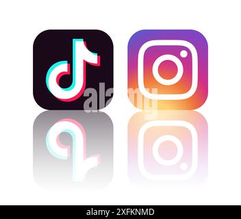 Kiew, Ukraine - 28. September 2022: TikTok und Instagram Mobile Apps Icons mit Reflexion, Vektorillustration Stock Vektor