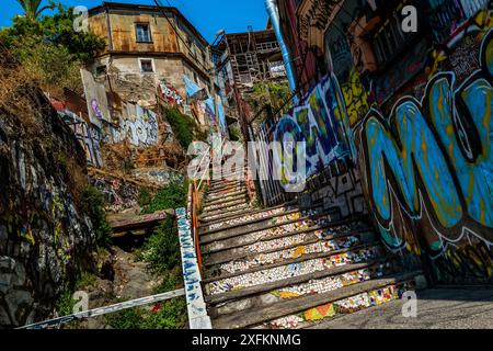 Die Escalera Héctor Calvo Treppe, die mit Graffiti-Kunstwerken und Keramikfliesen verziert ist, befindet sich auf dem Hügel Cerro Bellavista in Valparaíso, Chile. Stockfoto