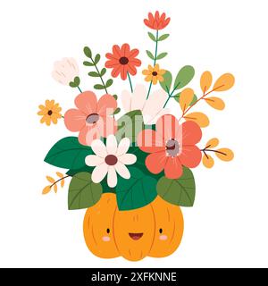 Ein Strauß Herbstblumen in einem lustigen Kürbis. Saisonales Erntedesign für Begrüßung oder Poster. Stock Vektor