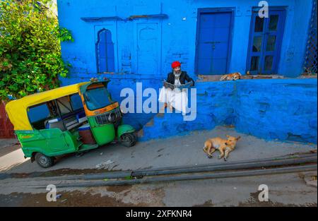 Ein Mann liest eine Zeitung, während er an einer hellblauen Wand in der Jodhpur Street sitzt. Eine Auto-Rikscha, zwei Hunde komplettieren die farbenfrohe ruhige Straßenszene. Stockfoto