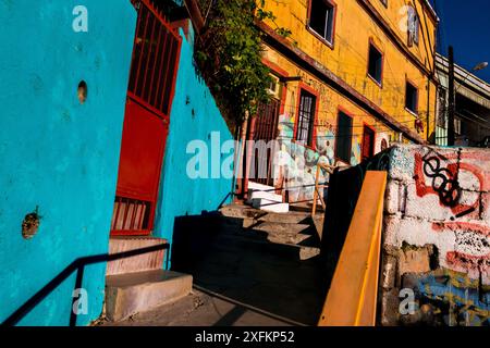 Auf dem Hügel Cerro Bellavista in Valparaíso, Chile, befindet sich eine Treppe, umgeben von Graffiti-Kunstwerken. Stockfoto