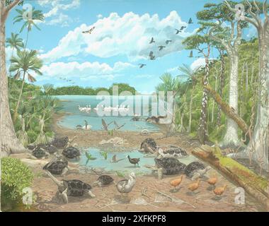 Illustration von Mare aux Songes, vor 4.000 Jahren. Alle Tiere in diesem Bild, mit Ausnahme des Echo-Sittichs (Psittacula Echo), der Rosa Taube (Nesoenas mayeri) Mauritius-Falco punctatus und der Mauritius-Fledermaus (Pteropus niger) sind ausgestorben. Stockfoto