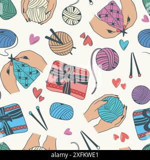 Nahtloses Muster im Doodle-Stil zum Thema Stricken. Handgefertigter, gestrickter Hintergrund. Bedrucken Sie mit Garn, Garn, Stricknadeln, Strickhänden Stock Vektor