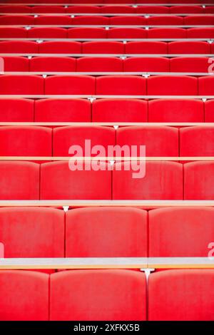 Ein leerer Auditorium oder Hörsaal mit Reihen roter Sitze. Die Sitze sind leer, was ein Gefühl der Vorfreude oder Erwartung schafft. Stockfoto