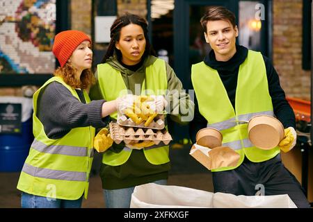 Junge Freiwillige in Sicherheitswesten sortieren Müll und zeigen ihr umweltbewusstes Handeln. Stockfoto