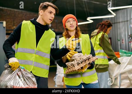 Junge Freiwillige in Sicherheitswesten und Handschuhen sortieren Müll zusammen und zeigen umweltbewusstes Handeln. Stockfoto