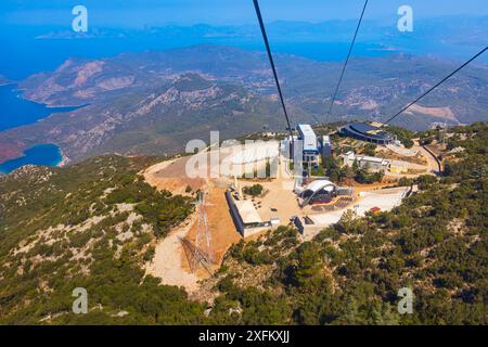 Seilbahn von Oludeniz zum Berg Babadag. Oludeniz oder Blaue Lagune ist ein Badeort im Bezirk Fethiye in der Provinz Mugla in der Türkei. Stockfoto