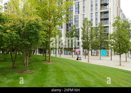 Umweltanreicherung in Wohnsiedlung, East Village Housing am Standort von Olympic Village, Stratford, London, UK 2014 Stockfoto