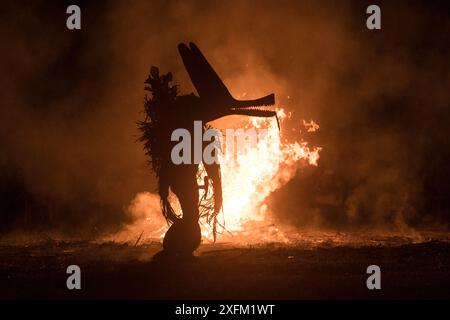 Baining-Männer in traditioneller Feuertanz-Zeremonie. Männer treten in Trance ein und tanzen in Tiermasken um das Feuer, um mit der Geisterwelt in Kontakt zu treten. Papua-Neuguinea, März 2017. Stockfoto