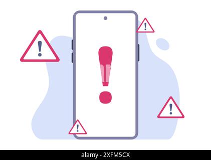 Ein rotes Ausrufezeichen-Warnsymbol wird auf dem Smartphone-Bildschirm angezeigt, umgeben von roten Dreieck-Warnsymbolen. Das Telefon ist gegen ein weiß eingestellt Stock Vektor