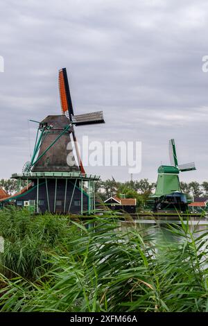 Zwei Windmühlen sind auf einem Feld mit hohem Gras. Die Windmühlen sind grün und weiß Stockfoto