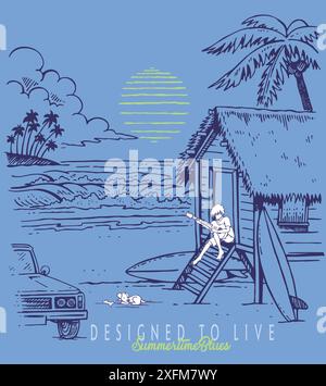 Illustration der Küstenlandschaft im Cartoon-Stil. Einfache Zeichnung einer Strandhausszene mit einem jungen Mann, der Gitarre spielt. Stock Vektor