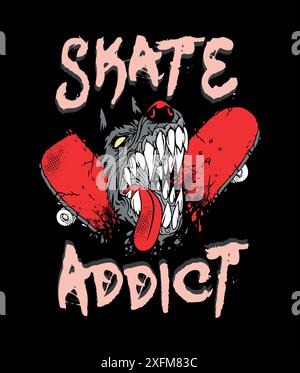 Kreative und dynamische Illustration eines Hundes, der auf ein Skateboard beißt. Radikale Kunst im Cartoon-Stil. Design zum Bedrucken von T-Shirts, Postern usw. Stock Vektor