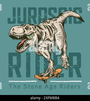 Vektorillustration von Tyrannosaurus Rex, der auf einem Skateboard fährt. Kunst mit Komposition mit Schriftzug. Bearbeitbares Design für Poster, Drucke auf T-Shirts usw. Stock Vektor