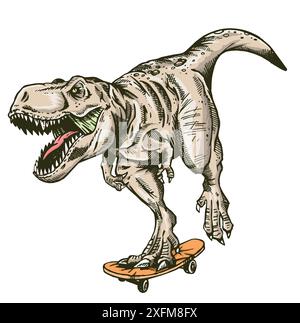 Handgezeichnete Vektor-Illustration von Tyrannosaurus Rex, der auf einem Skateboard fährt. Stock Vektor