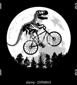 Vektor-Illustration von Tyrannosaurus Rex Silhouette, die auf einem Fahrrad vor dem Mond fährt. Stock Vektor