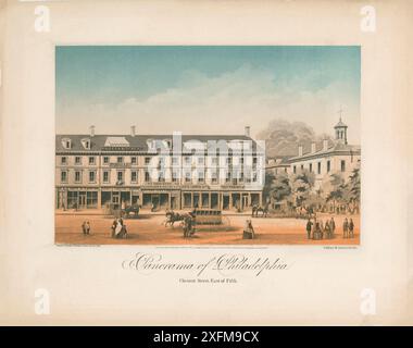 Vintage-Panorama von Philadelphia. Chestnut Street, östlich von Fifth. Charles M. Autenrieth, aktiver Künstler von 1856-1908. Edward Collins, Künstler Aus Dem Jahr 1821-1902. Finkeldey & Demme Schnabel, Lithograf. Diese Lithografie aus der Zeit um 1856 zeigt einen Panoramablick auf Unternehmen mit Vorkonsolidierungsadressen auf der Südseite des 400 Blocks der Chestnut Street (134-140, d. h. 420-428) in Philadelphia. Schilder und Ornamente zieren die Gebäude. Die Aussicht umfasst L.J. Levy & Company, Trockenwarengeschäft (420); Bailey & Kitchen, Juweler und Broadbent & Company, Daguerreotype Zimmer (422); W.F. Warbur Stockfoto