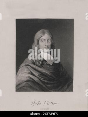 Porträt von John Milton. John Milton (1608–1674) war ein englischer Dichter, Polemiker und Beamter. Sein Epos Paradise Lost aus dem Jahr 1667, geschrieben in leeren Versen und mit zwölf Büchern, entstand in einer Zeit des gewaltigen religiösen Fluches und politischen Umbruchs. Das Paradies verlor Miltons Ruf als einer der größten Dichter der Geschichte. Er diente auch als Beamter des Commonwealth of England unter dessen Council of State und später unter Oliver Cromwell. Stockfoto